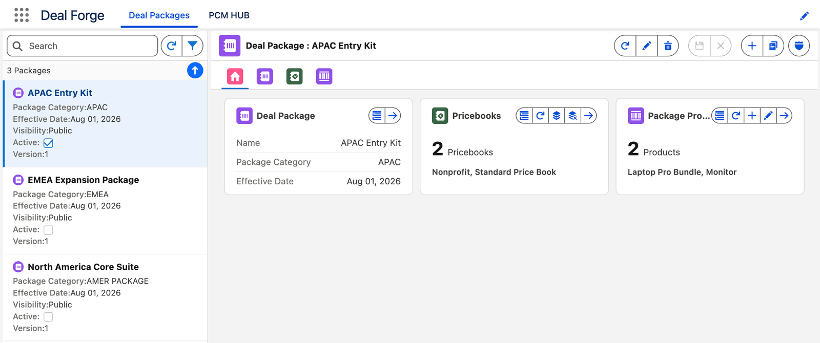 Deal Packages app: left panel with a package selected, Overview tab showing its three tiles.