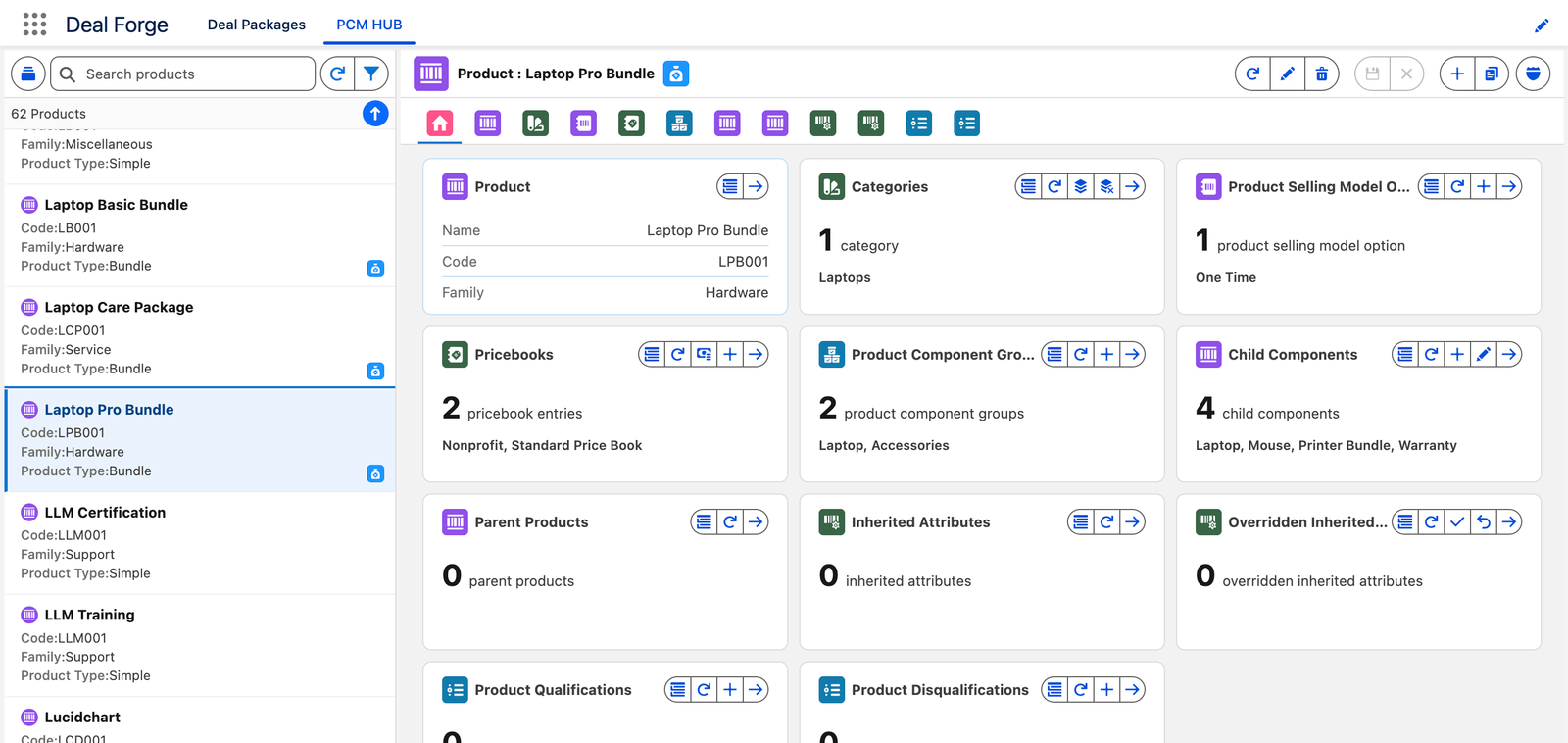 PCM Hub app: object selector open in the left nav, a Bundle product's Overview tab on the right.