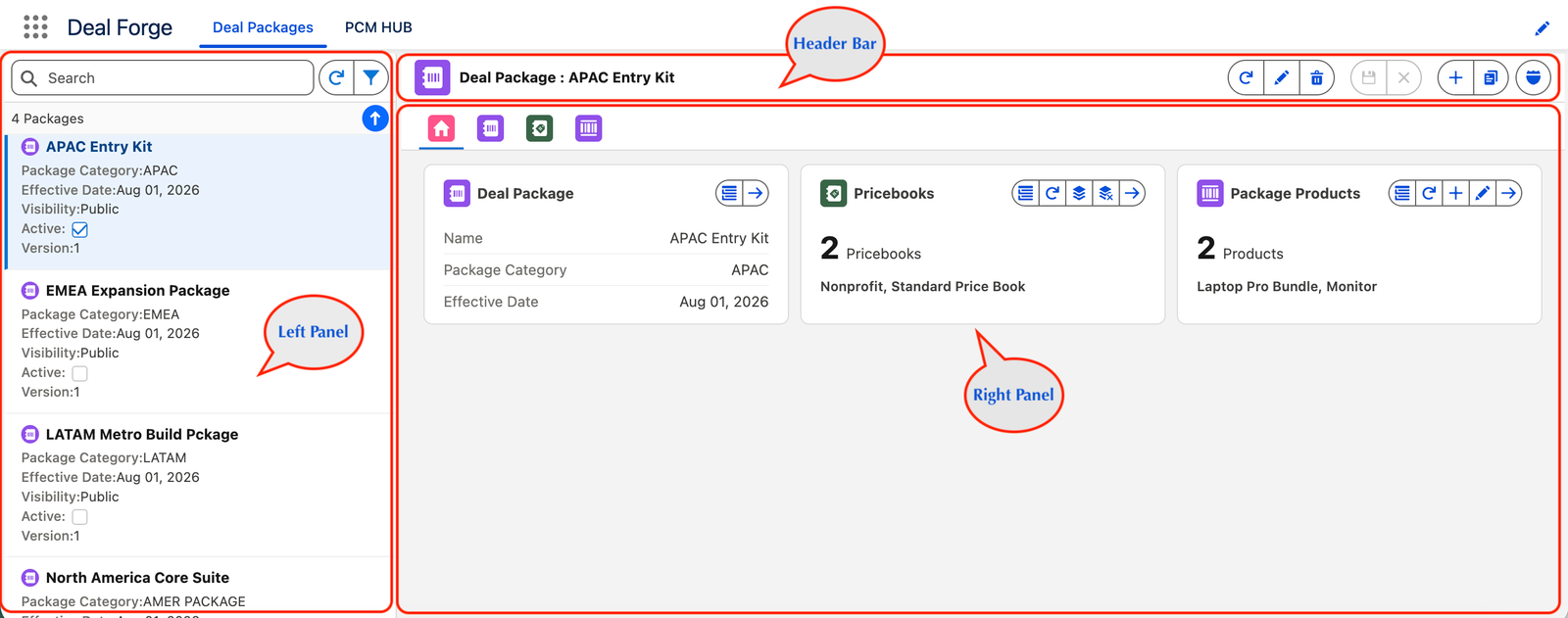 Full Deal Packages app screen, with the left panel, header, tab strip, and detail area all visible.