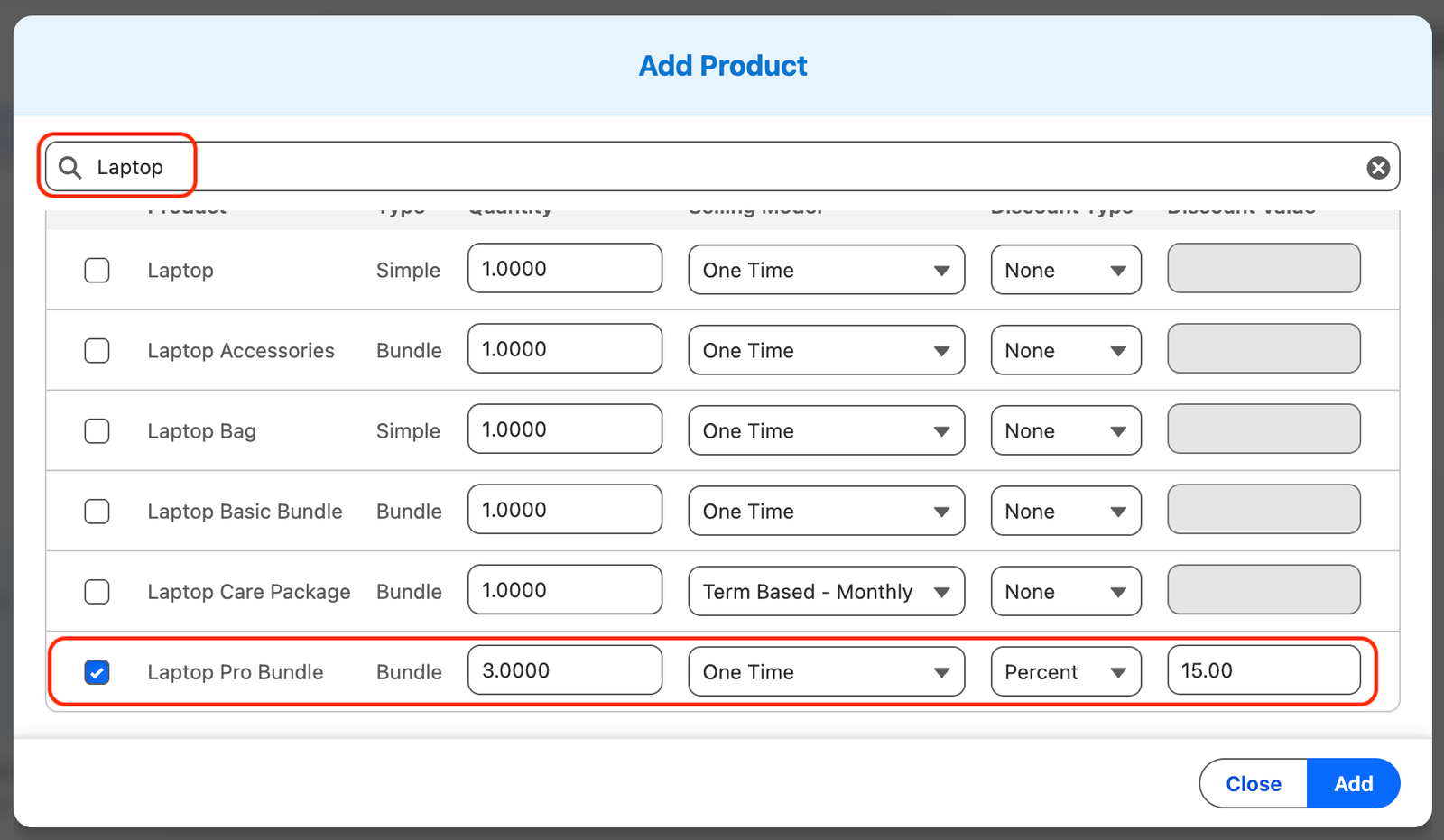 Add Product modal with search results and an editable row selected.