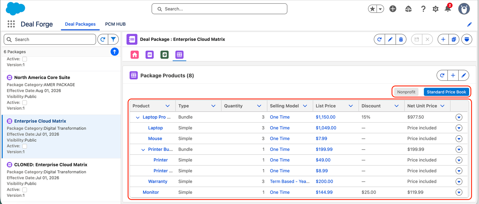 Package Products tab with a bundle row expanded showing its children.