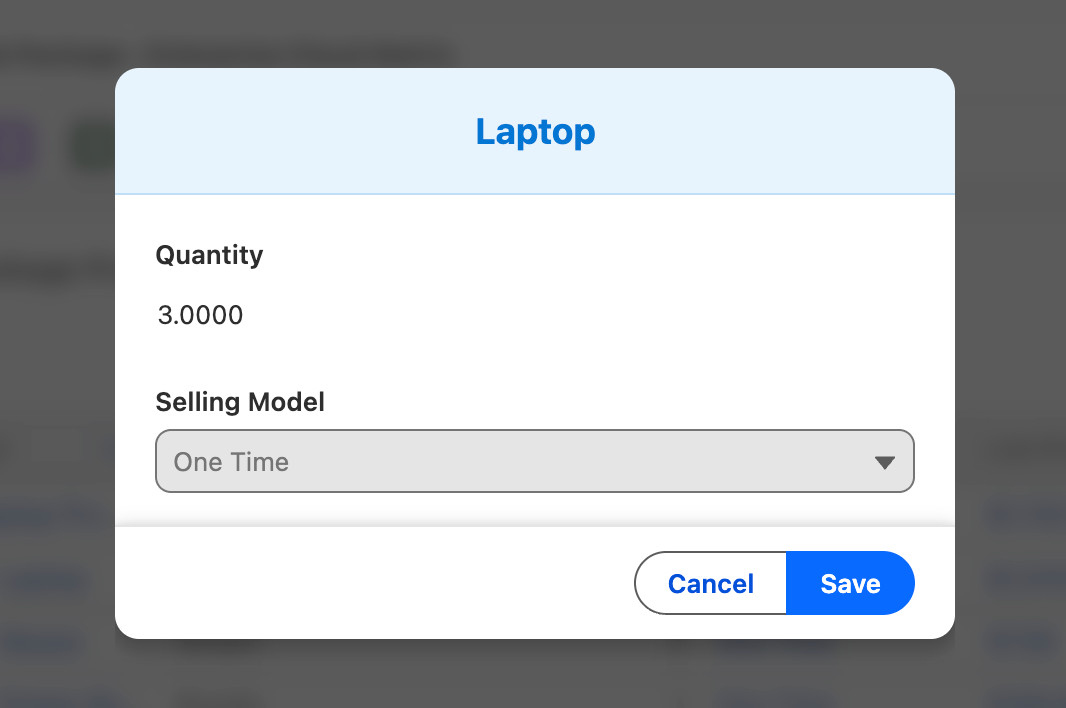 Row Edit modal for a single product, showing Quantity/Selling Model/Discount fields.