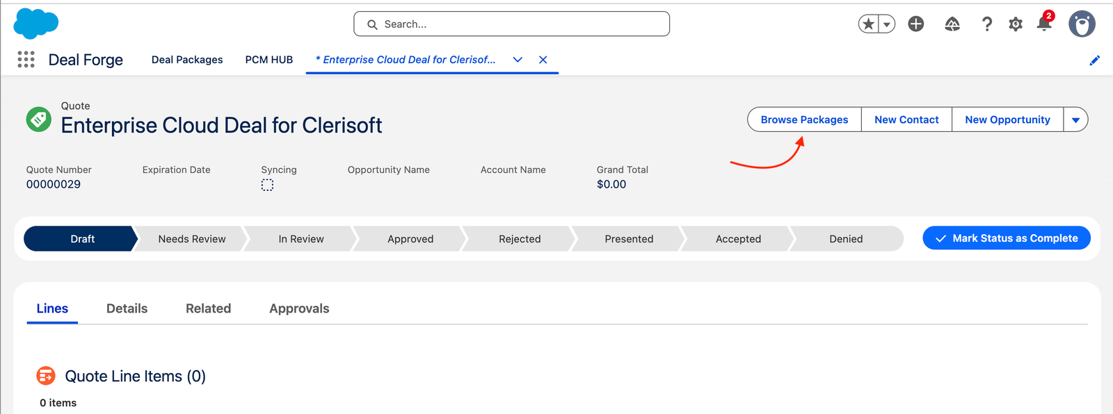 Quote record with the Browse Packages action highlighted.