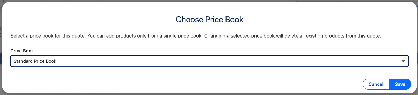 Choose Price Book prompt with the dropdown open.