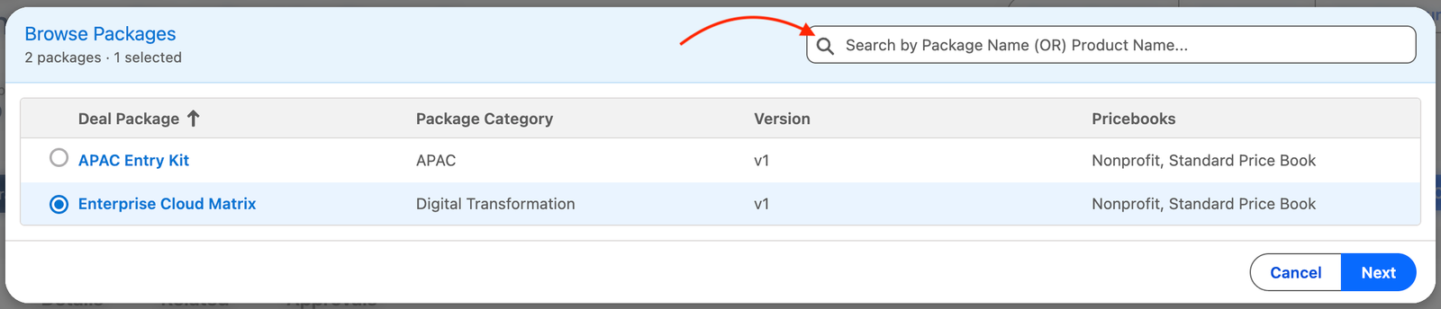 Browse Packages list with search and a package row selected.