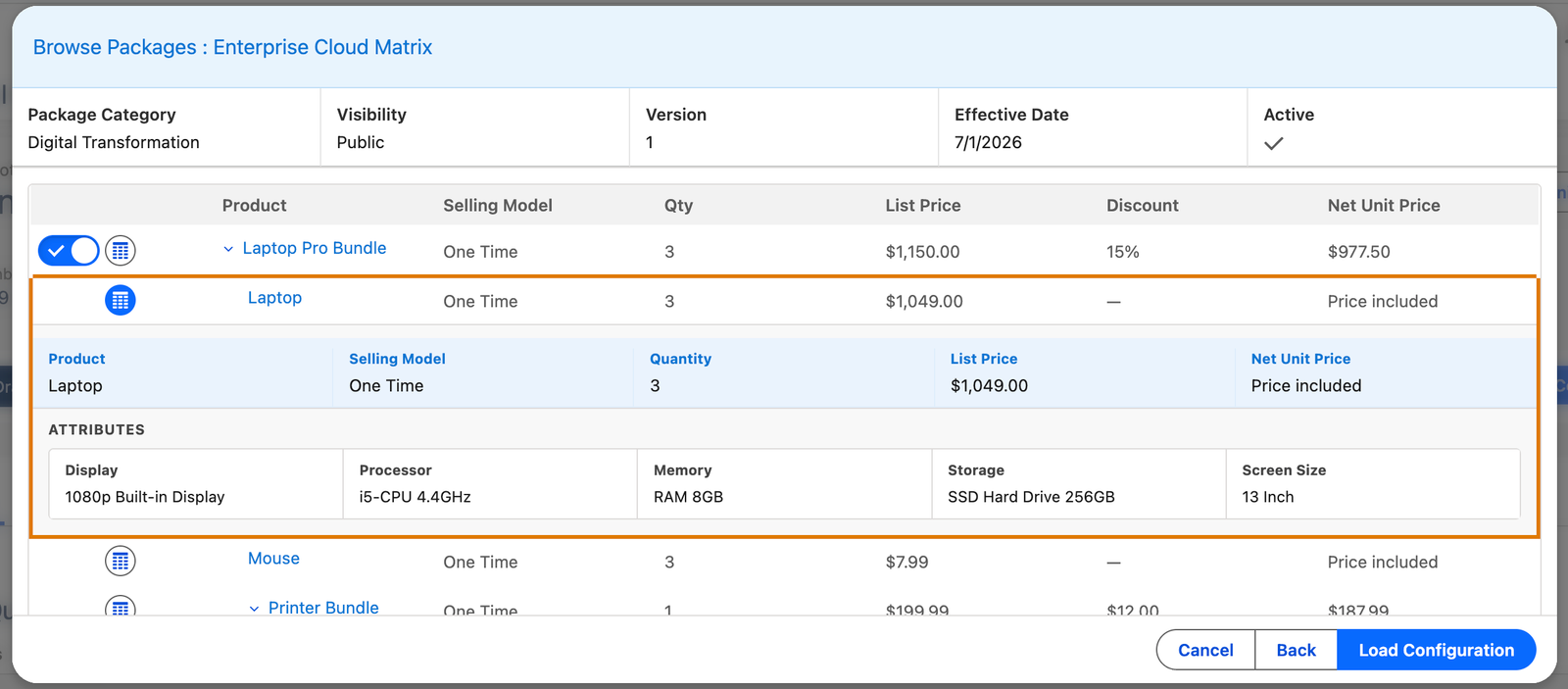 Package review screen with the product line table, one row expanded showing attributes.