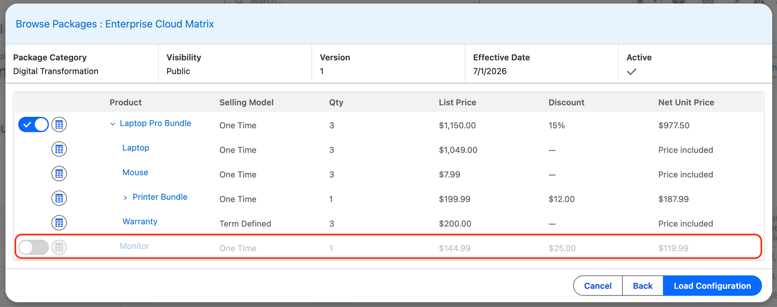 Public package review screen with one product&rsquo;s Select toggle turned off.