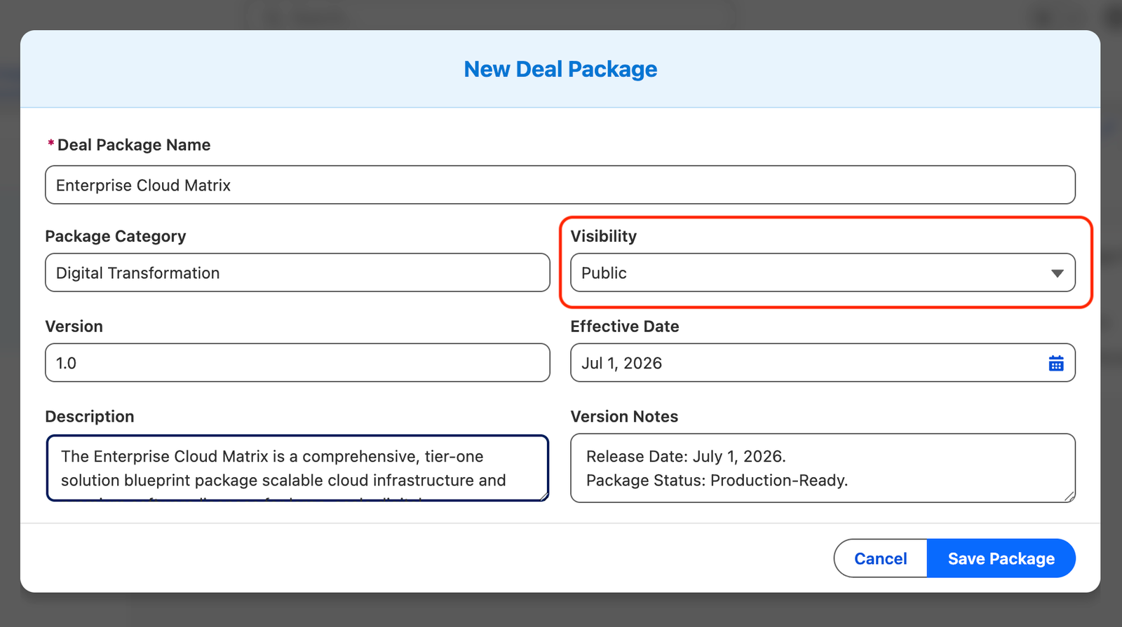 New Deal Package modal with all fields visible.