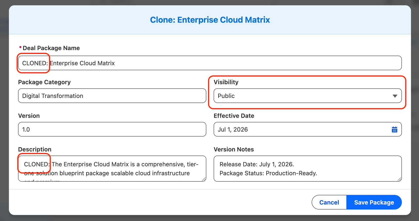 Clone modal pre-filled from a source package, showing the &ldquo;CLONED:&rdquo; name prefix.