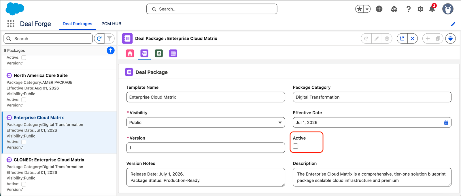 Deal Package tab in edit mode, showing all fields including the Active checkbox.