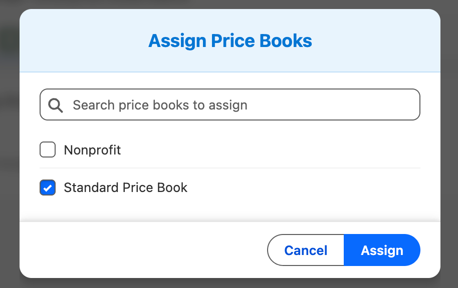 Package Price Books tab with the Assign modal open, showing a checklist of price books.