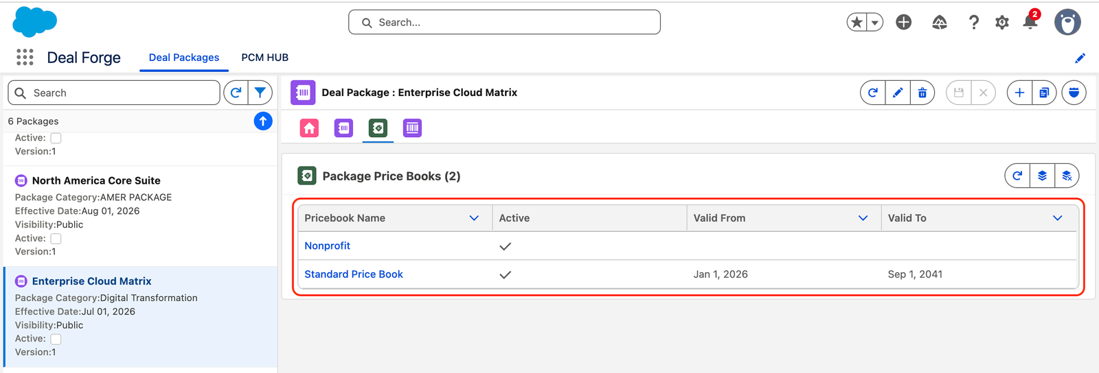 Package Price Books tab showing the assigned price books table.