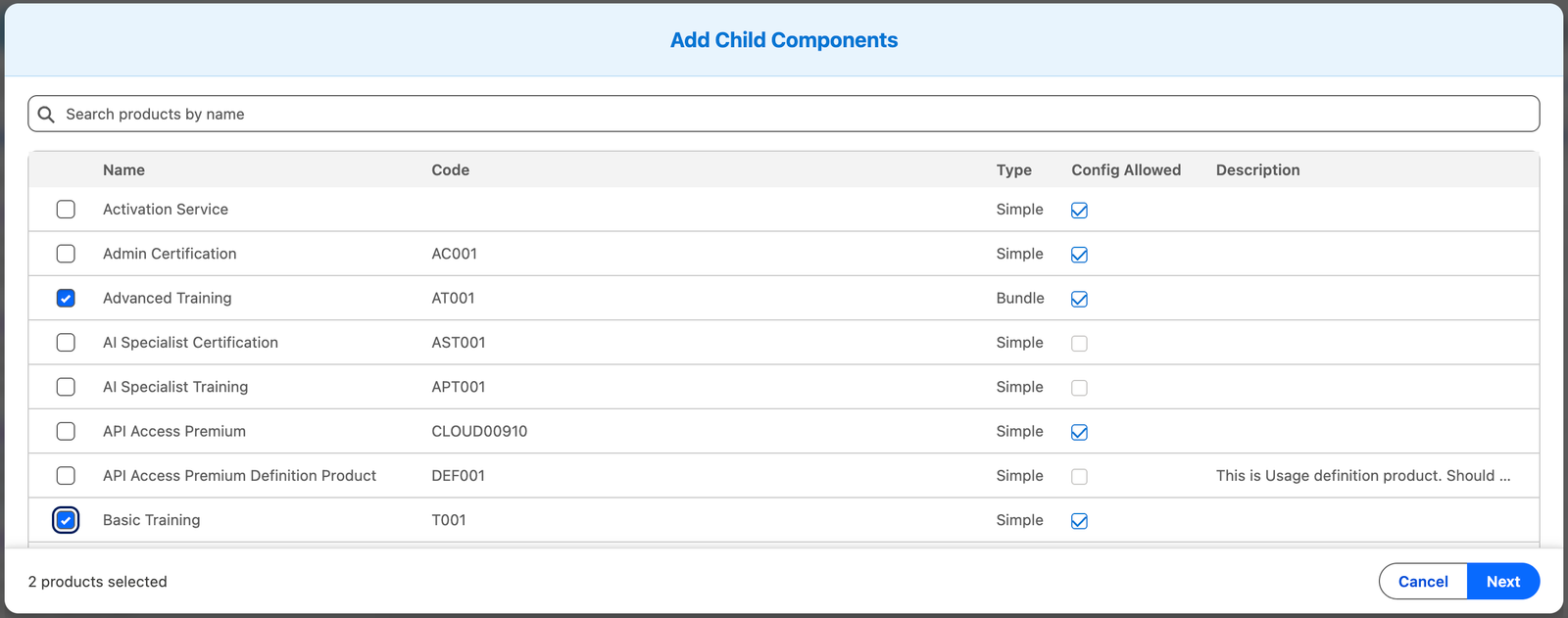 Child Components Add flow, showing the product picker step.