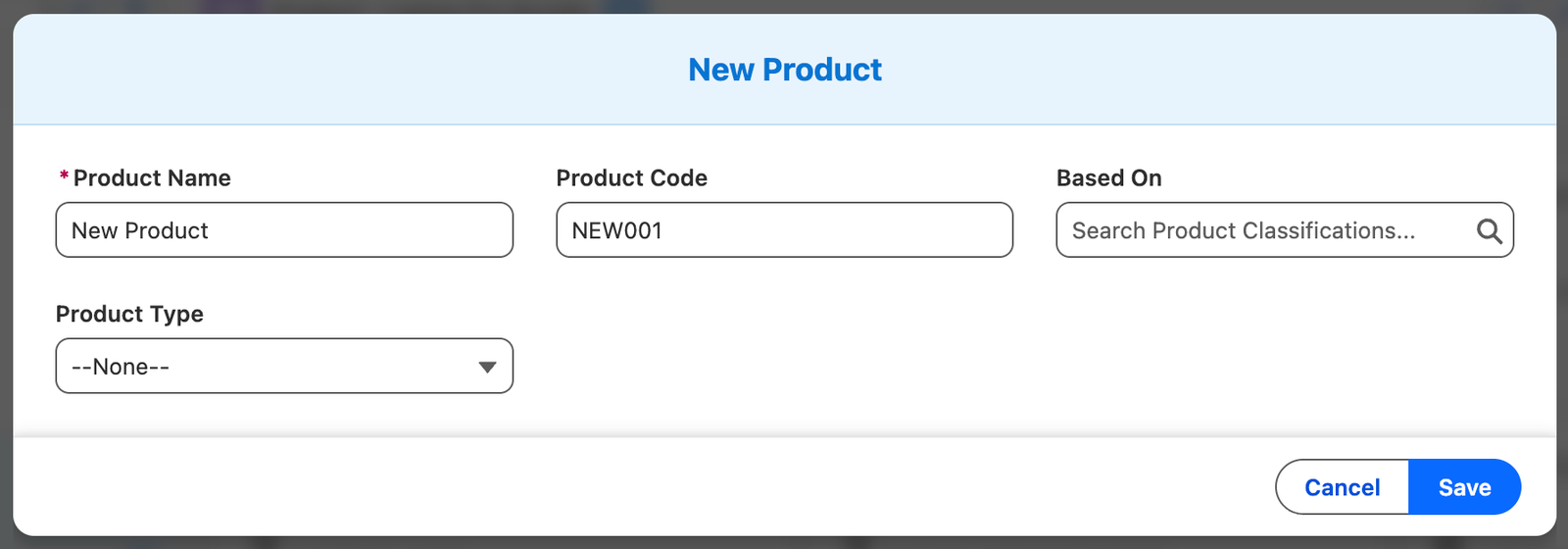 New record modal for a Product.