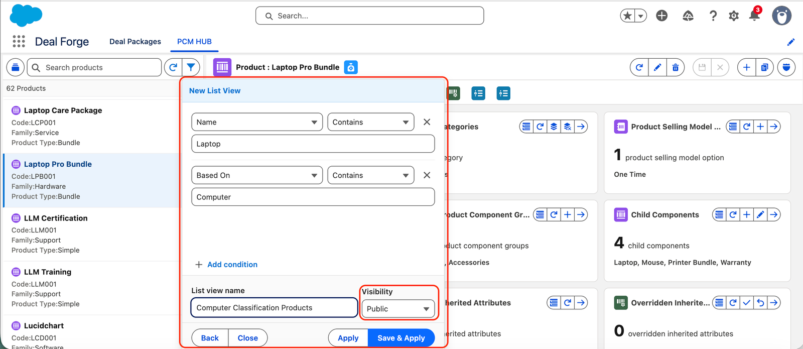 Filter panel with the New List View builder open, Visibility field visible.